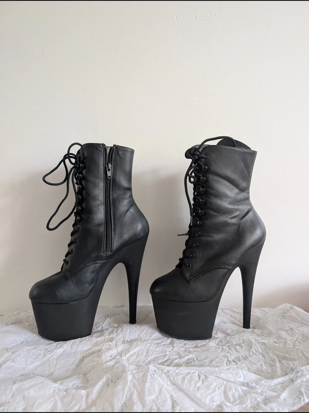 Pleaser Black Lace-Up Platform Ankle Boots